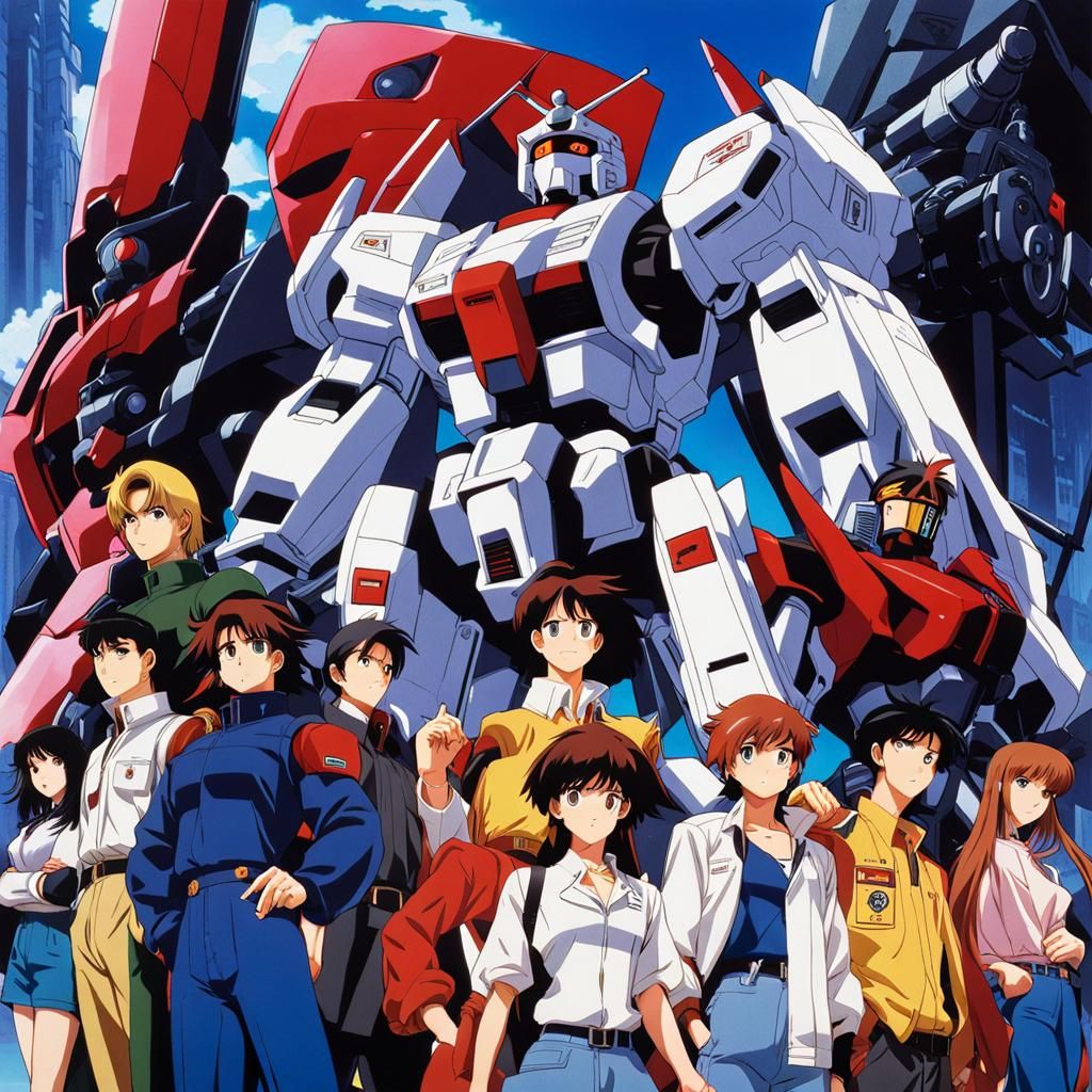 90s Anime Cast and Mecha: Key Visual Art