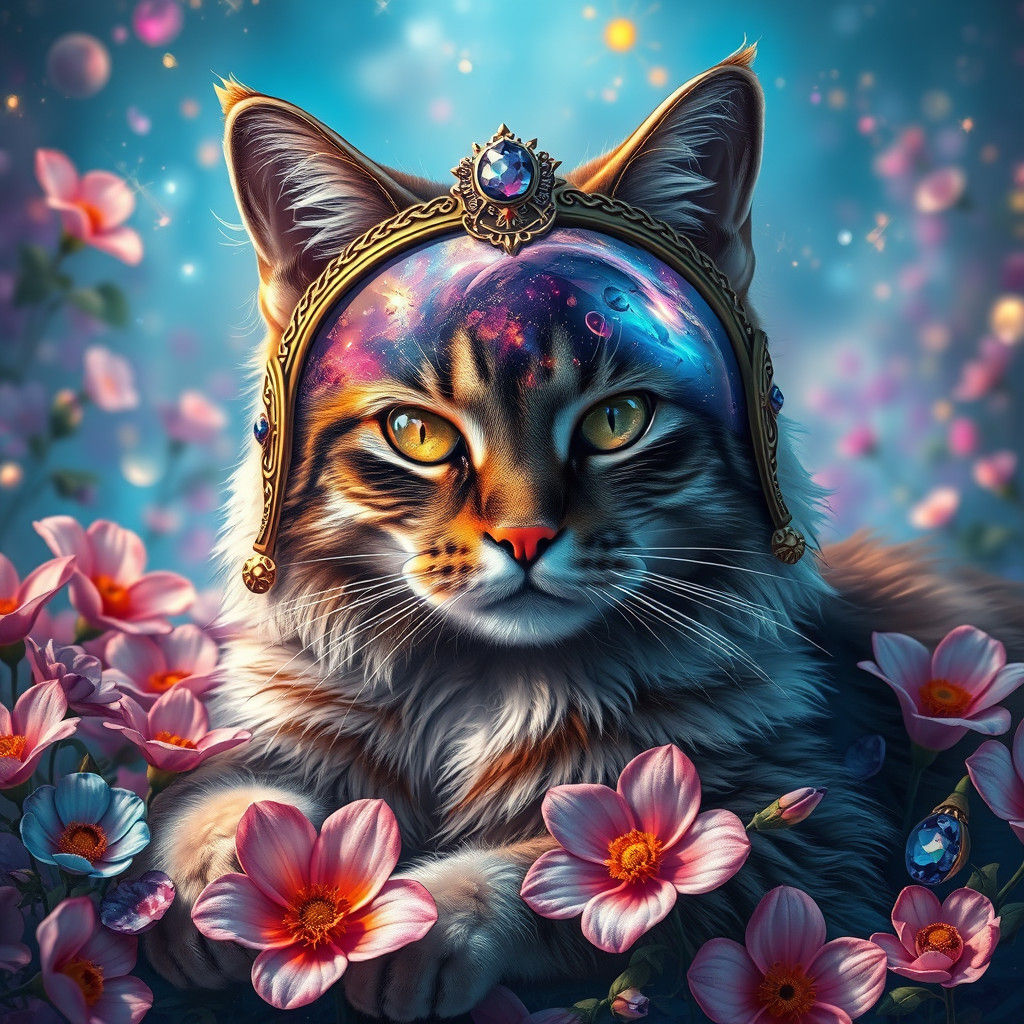 Cat in Dream Garden Reflecting Galaxy