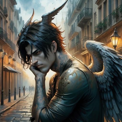 Demon-Angel's Contemplation: A Dark Fantasy Portrait