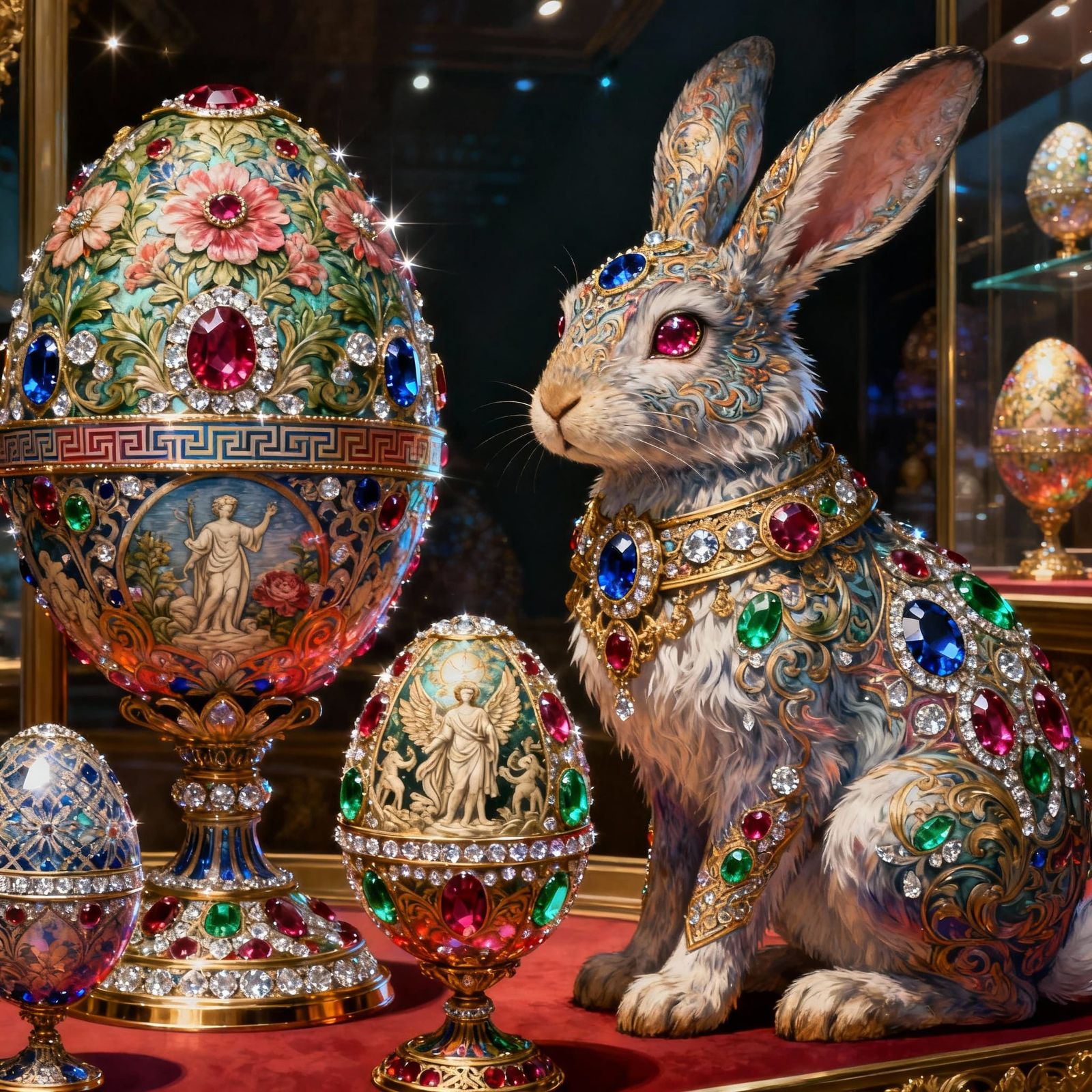 Sparkling Gemstone Faberge Eggs With Guardian Rabbit