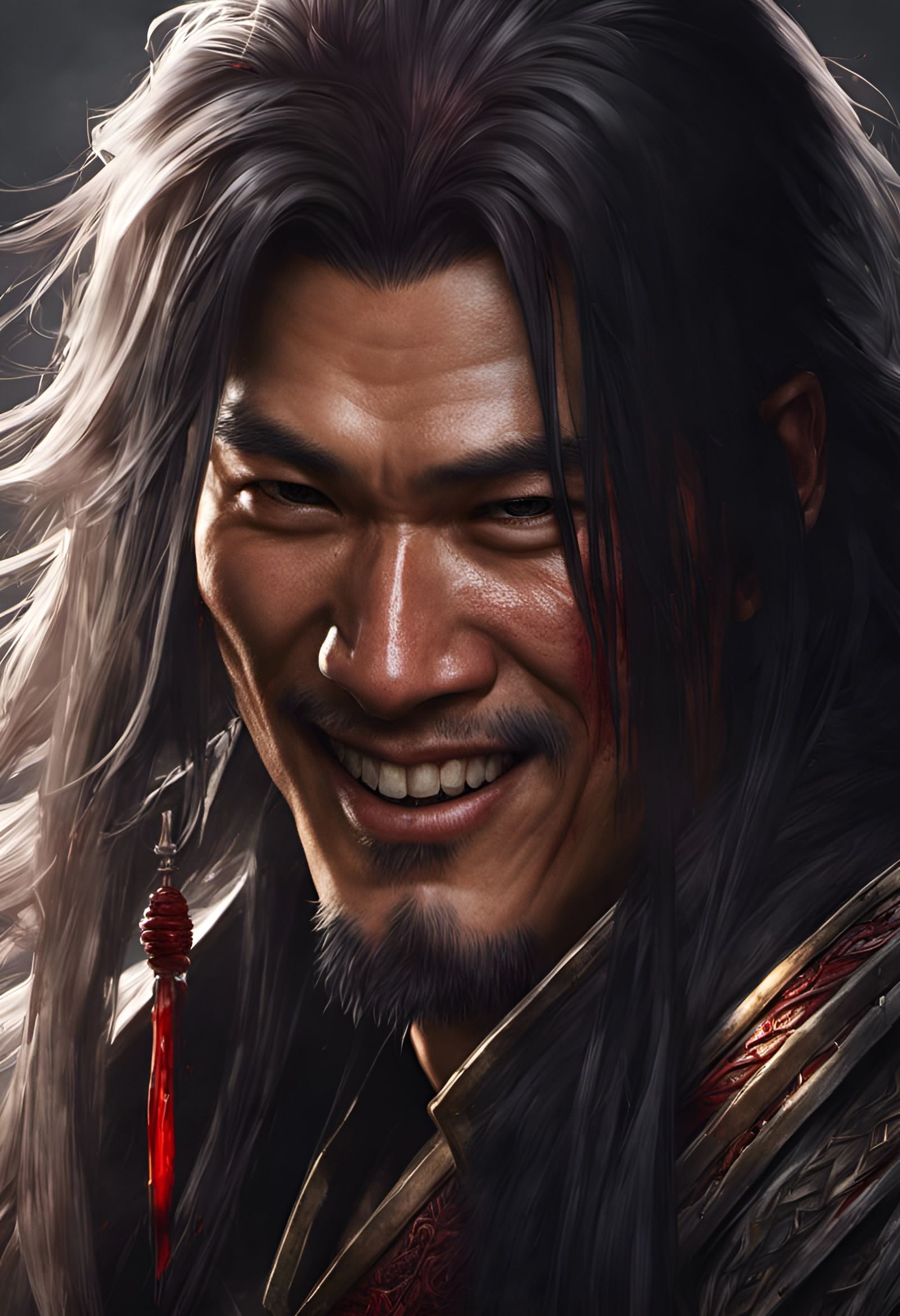 Detailed Portrait of Smiling Bloodied Asian Warrior