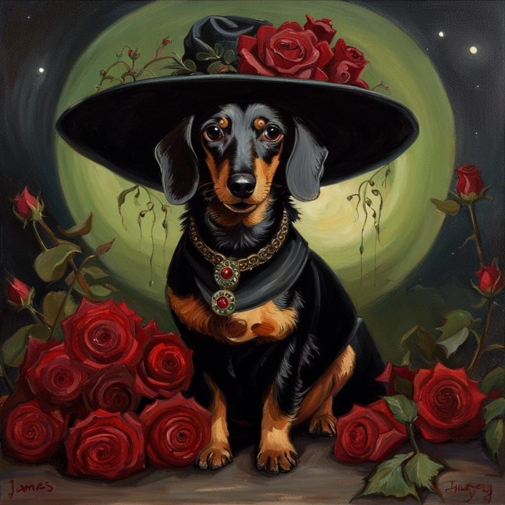 Gothic Victorian Dachshund in Crimson Roses