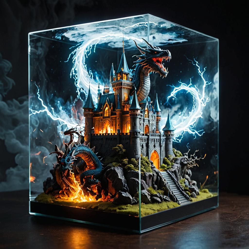 Dragon Diorama in Glass Case with Storm