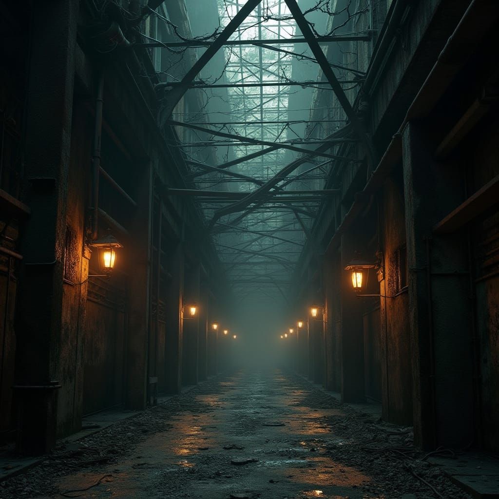 Haunting Industrial Landscape in Dark, Gritty Aesthetic