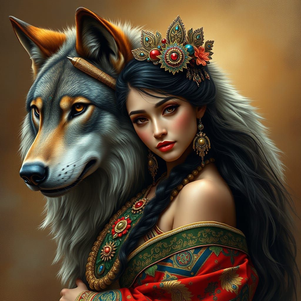 Woman and Wolf in Fantasy Art Nouveau Style