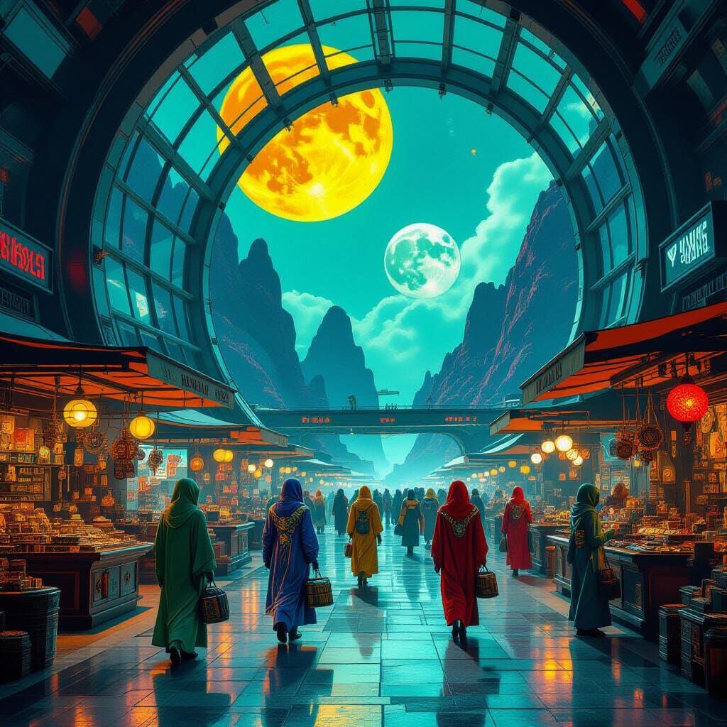 Alien Marketplace on Lunar Station in Sci-Fi Style