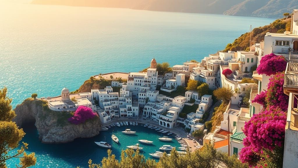 Vibrant Mediterranean Island Village in Golden Sunlight