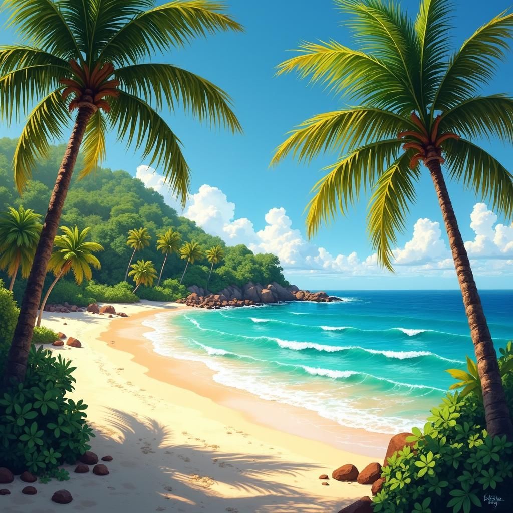 Tropical Beach Scene Inspired by Gauguin