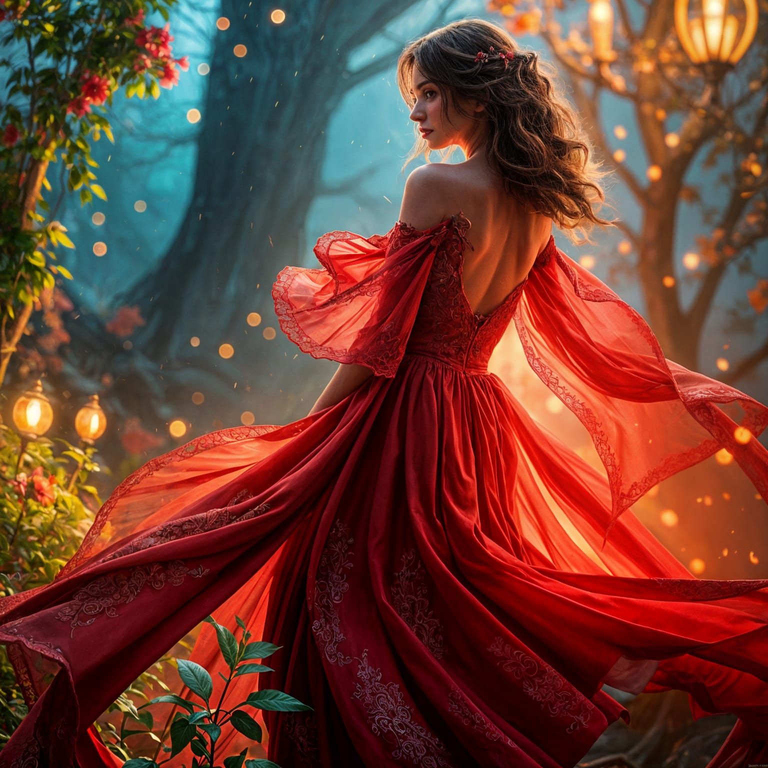 Stunning Red Goddess in Whimsical Dreamscape
