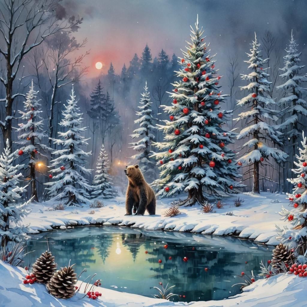 Winter Christmas Tree with Animals in Watercolor