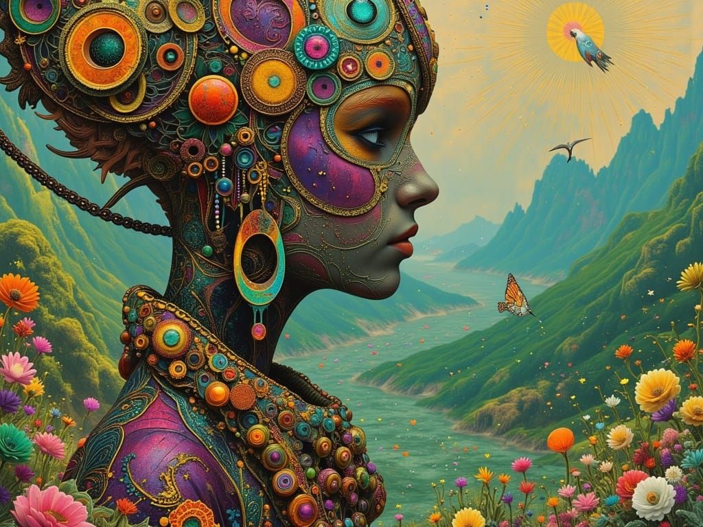 Alien Woman Fishing in Surreal Landscape