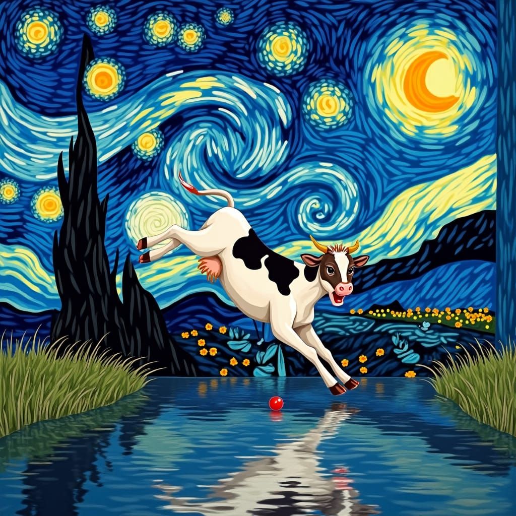 Cow Leaping Under Starry Night Sky, Van Gogh Style