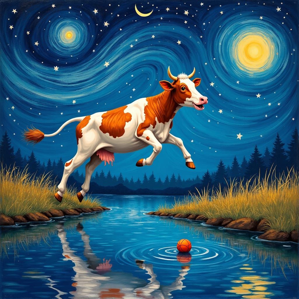 Cow Jumps Over Moon in Starry Night Style