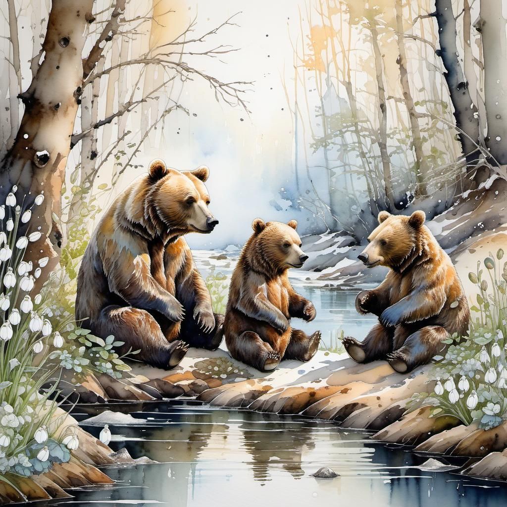 Bears in Forest: Ultra HD Oil Painting Style