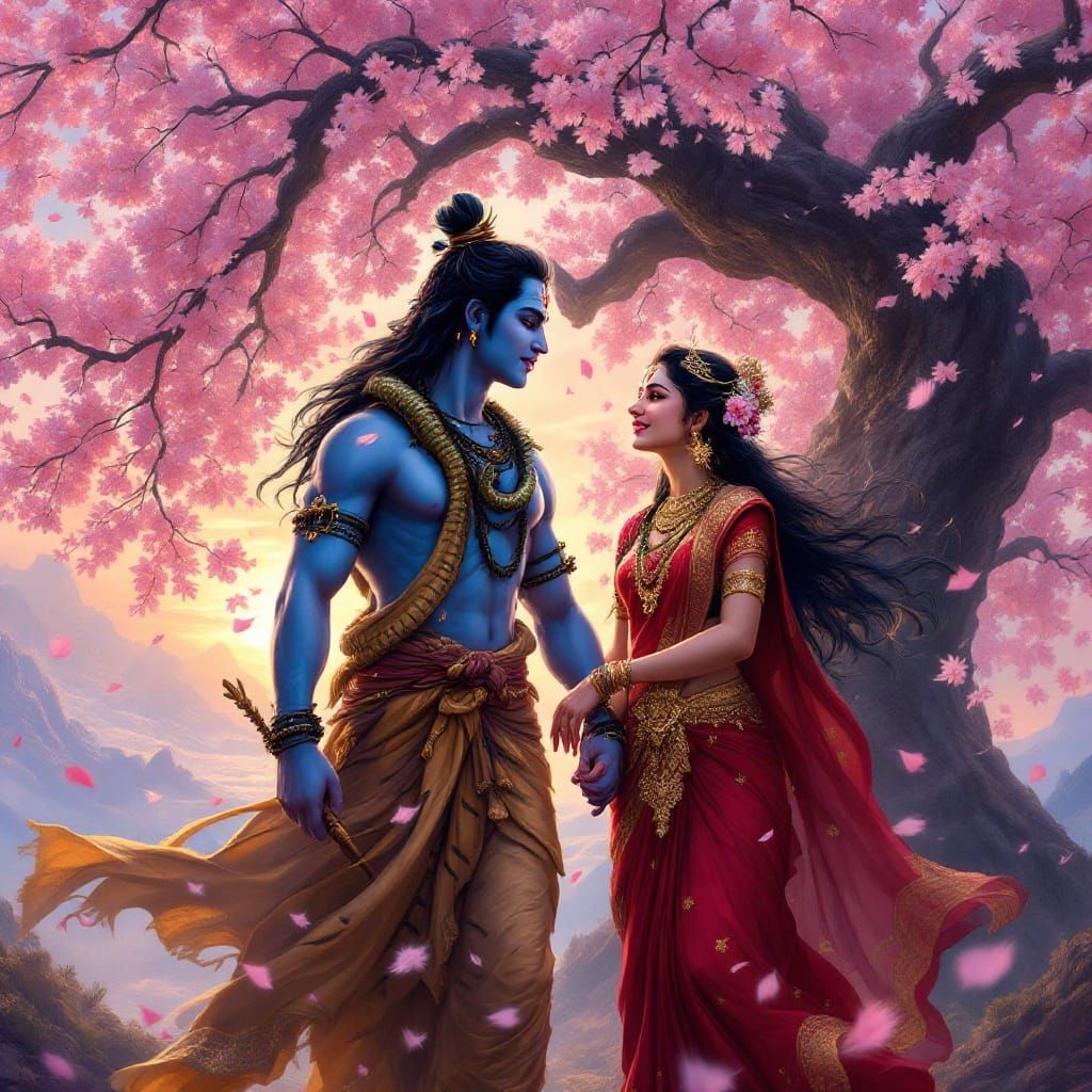 Digital Painting of Lord Shiva and Parvati Under Cherry Blos...