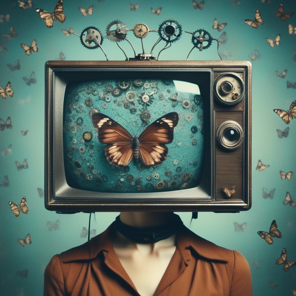 TV Head Girl with Butterfly Wings in Steampunk Style