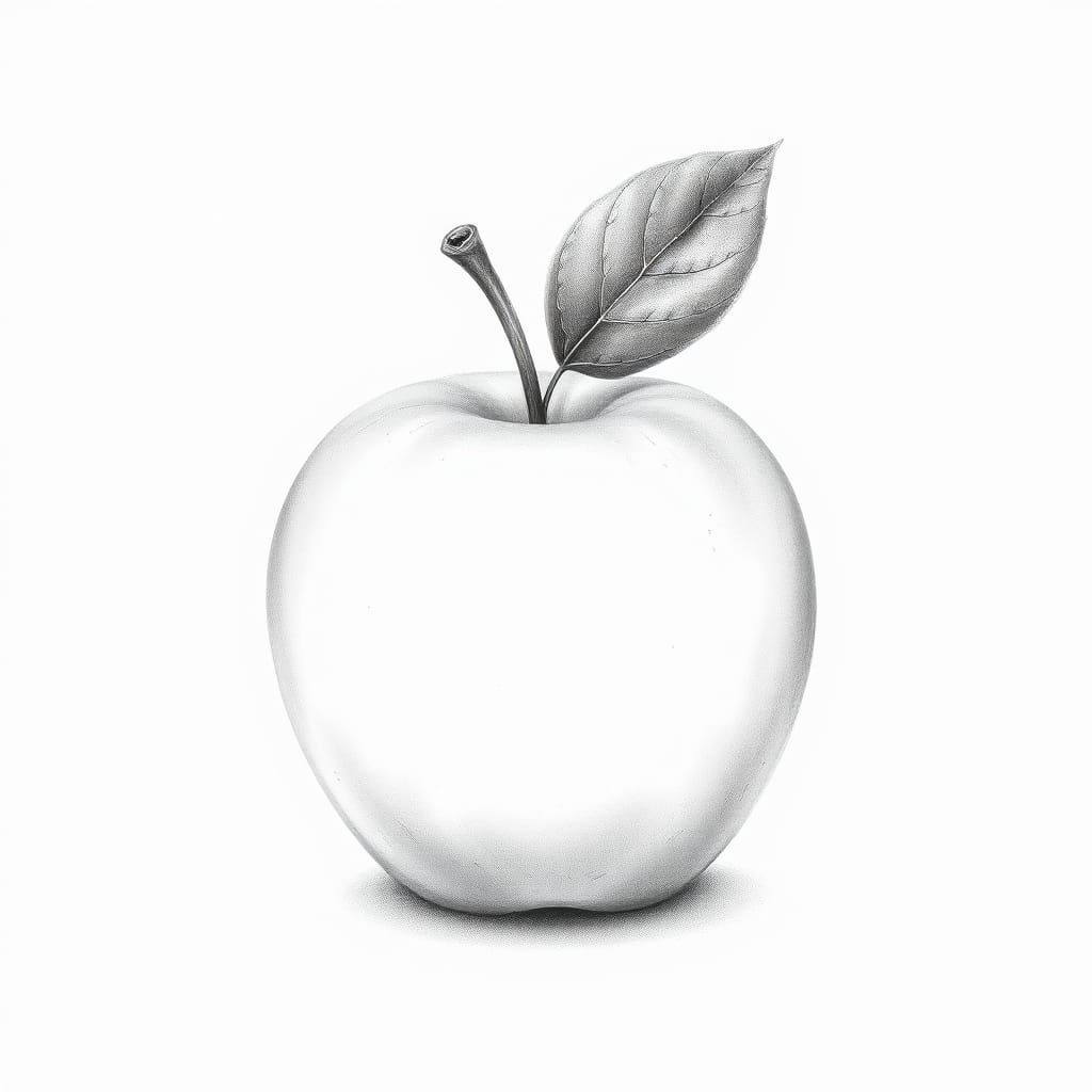 Monochrome Apple with Vivid Leaf, Graphite Illustration
