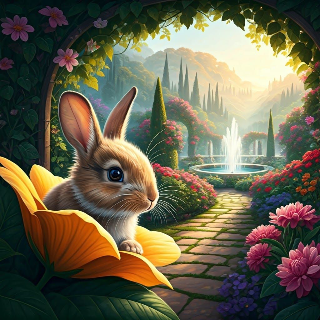 Whimsical Garden Bunny Peeks Out from Flower Petal in a Drea...