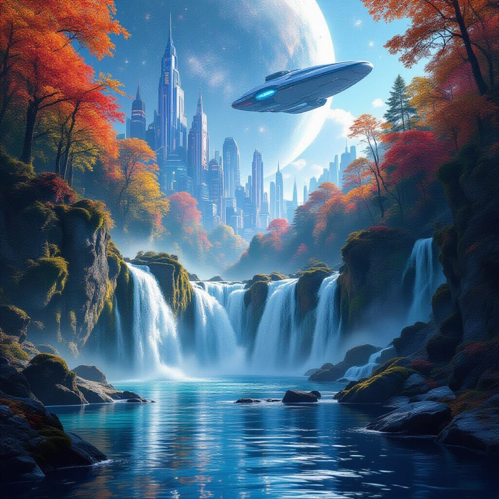 Autumn Waterfall in Futuristic Space City