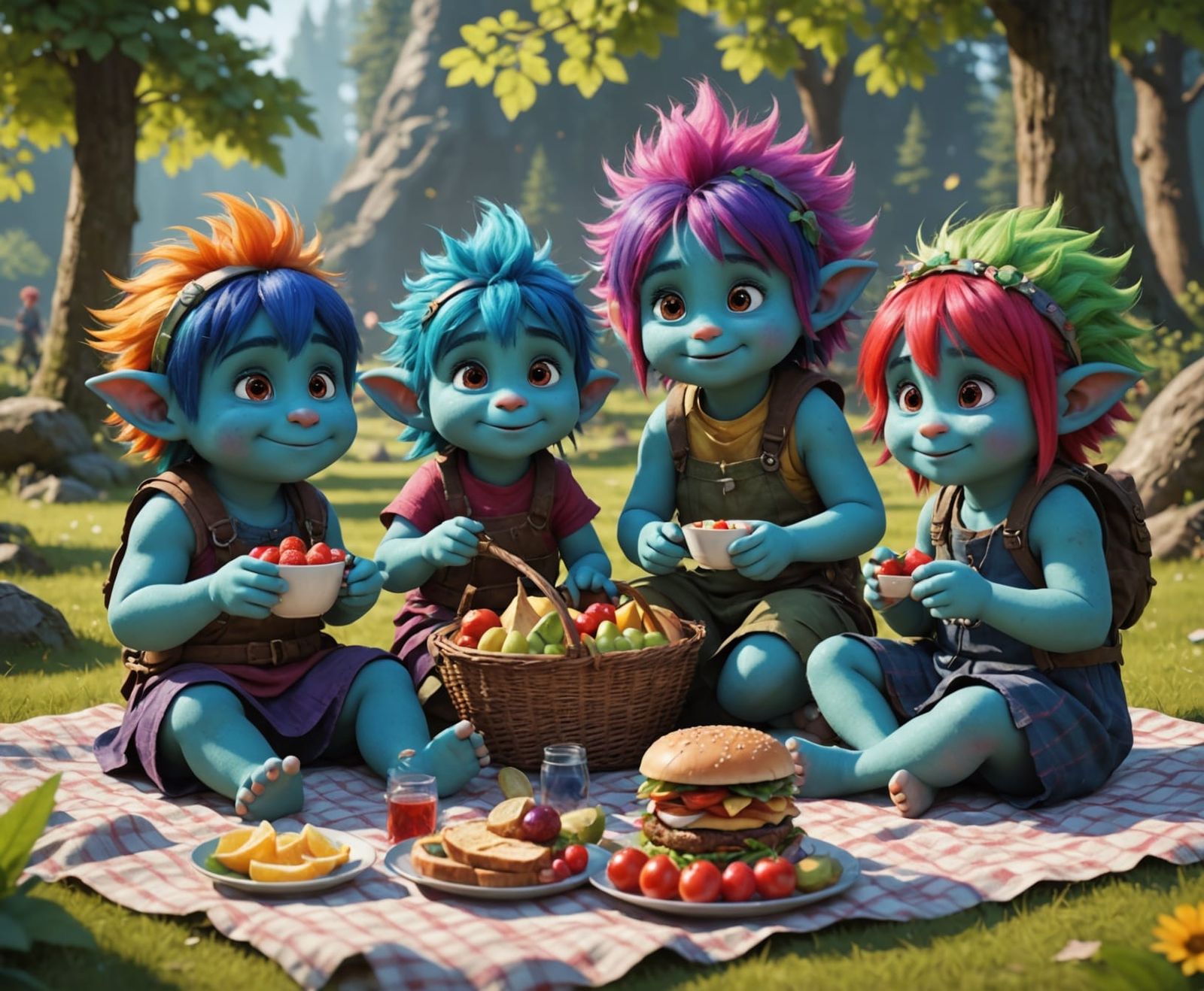 Rainbow Troll Family Picnic in Anime Style