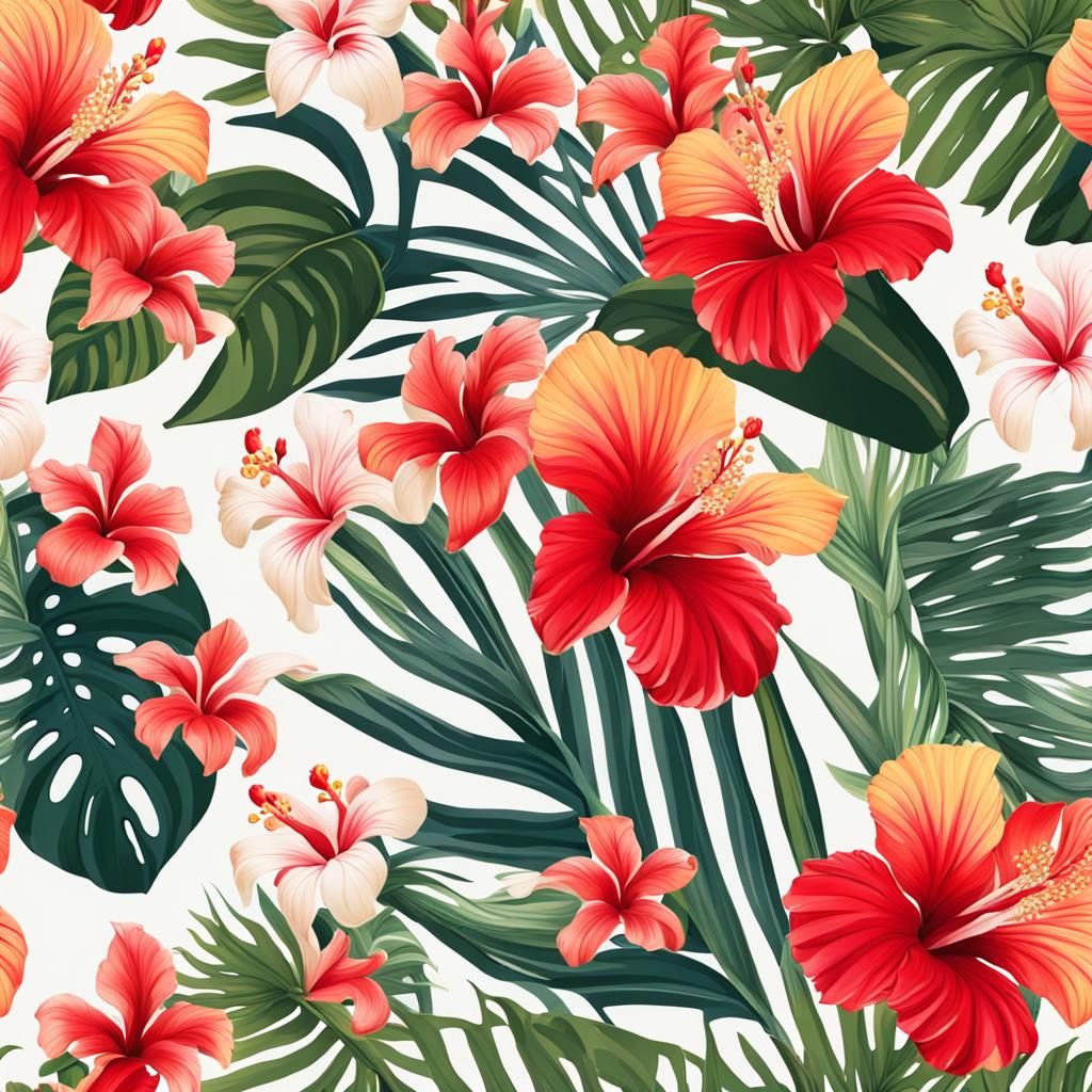 Lush Tropical Floral Pattern on White