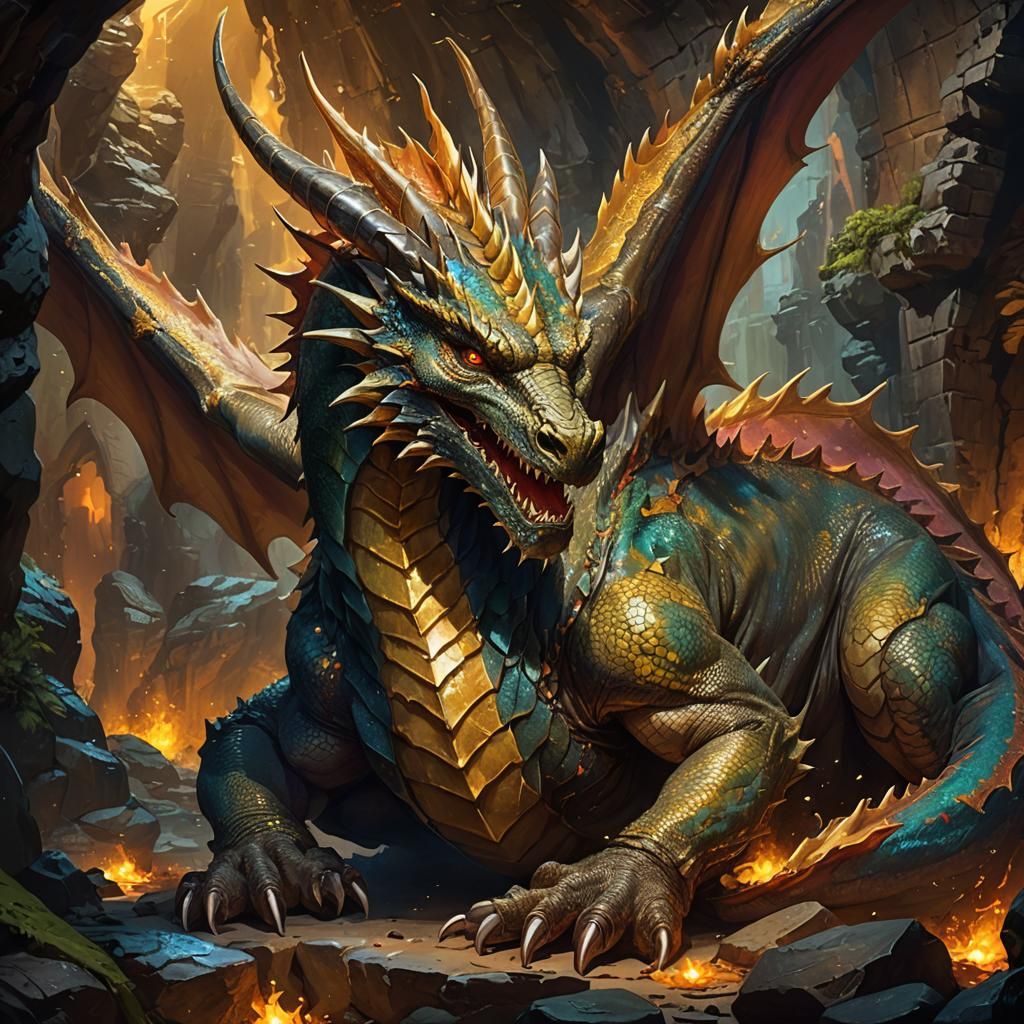 Massive Dragon Lounging in Cave with Golden Hoard