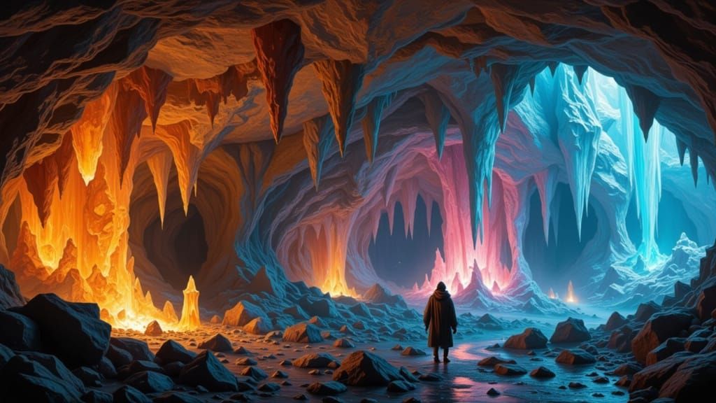 Hyper-Realistic Crystal Caves with Paleolithic Drawings