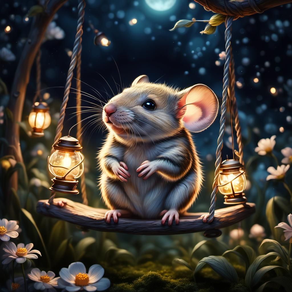 Adorable Mouse on a Garden Swing at Night