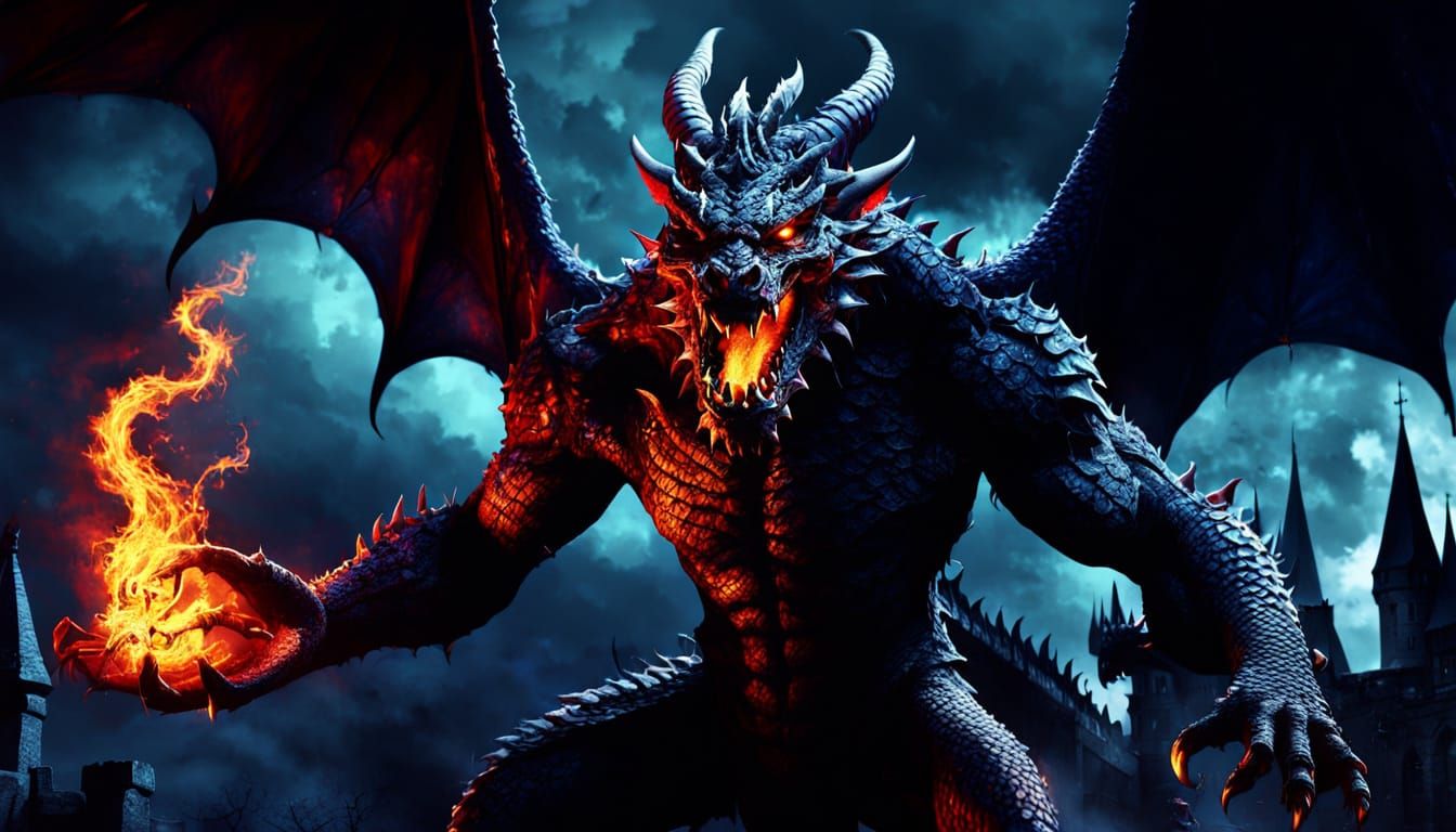 Mystical Demon Reveals Spells to Dragon in Dark Fantasy Art