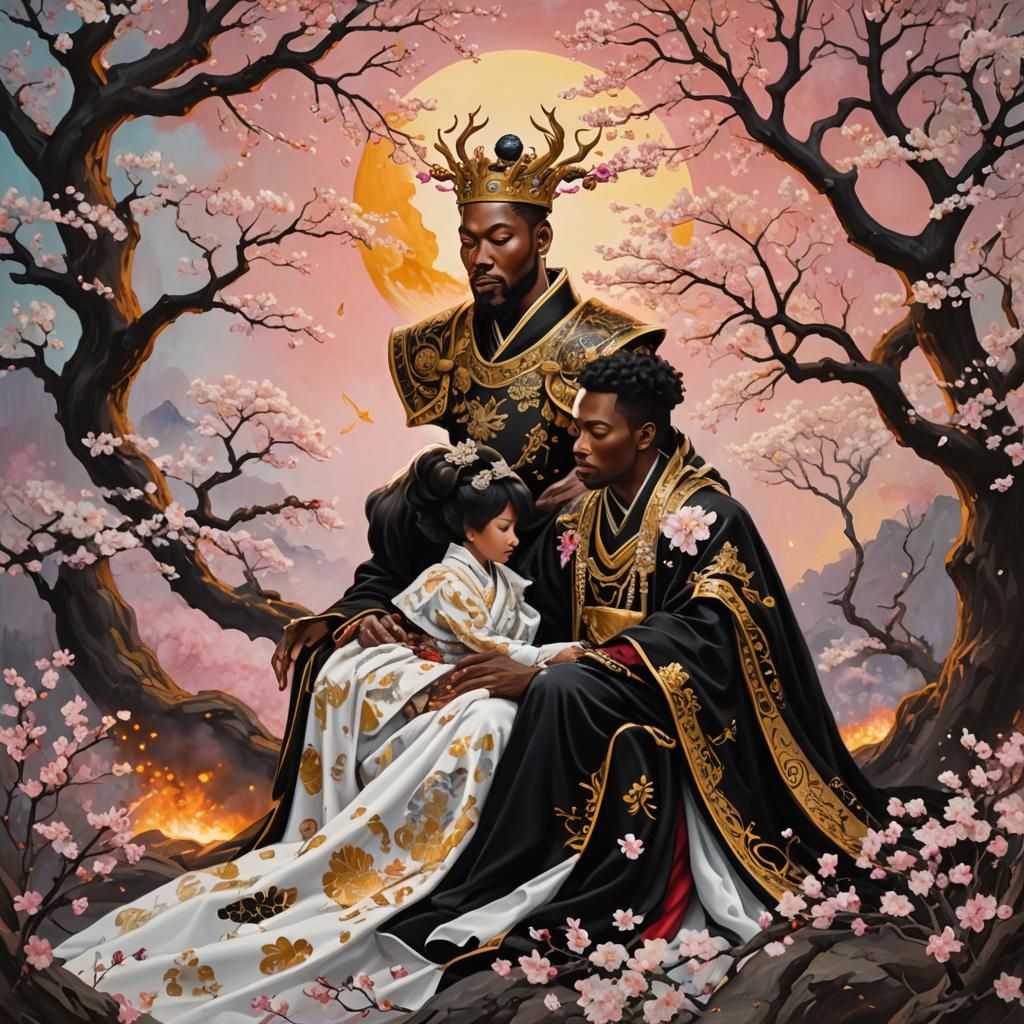 Regal King and Queen with Prince in Cherry Blossoms