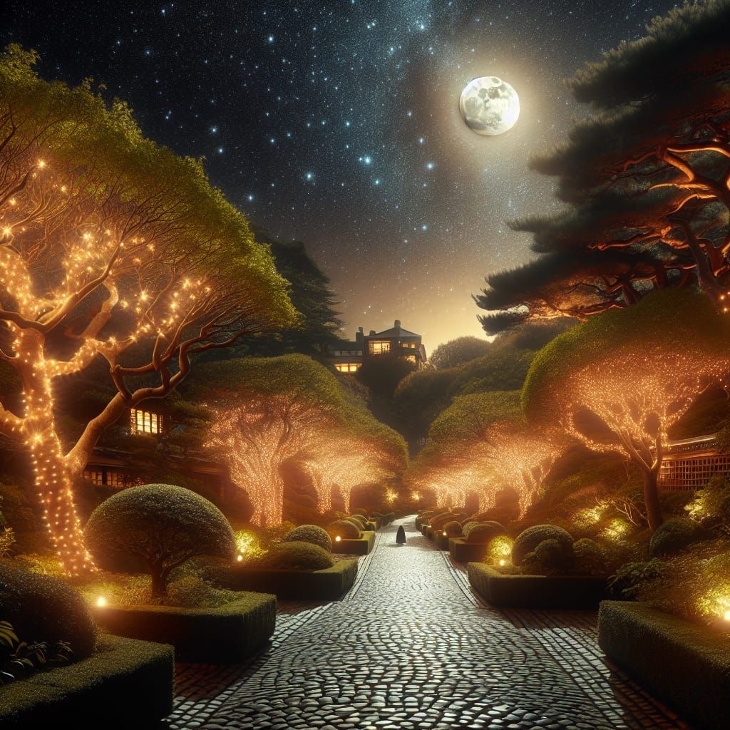 Festive Christmas Lights Illuminate Winding Garden Path