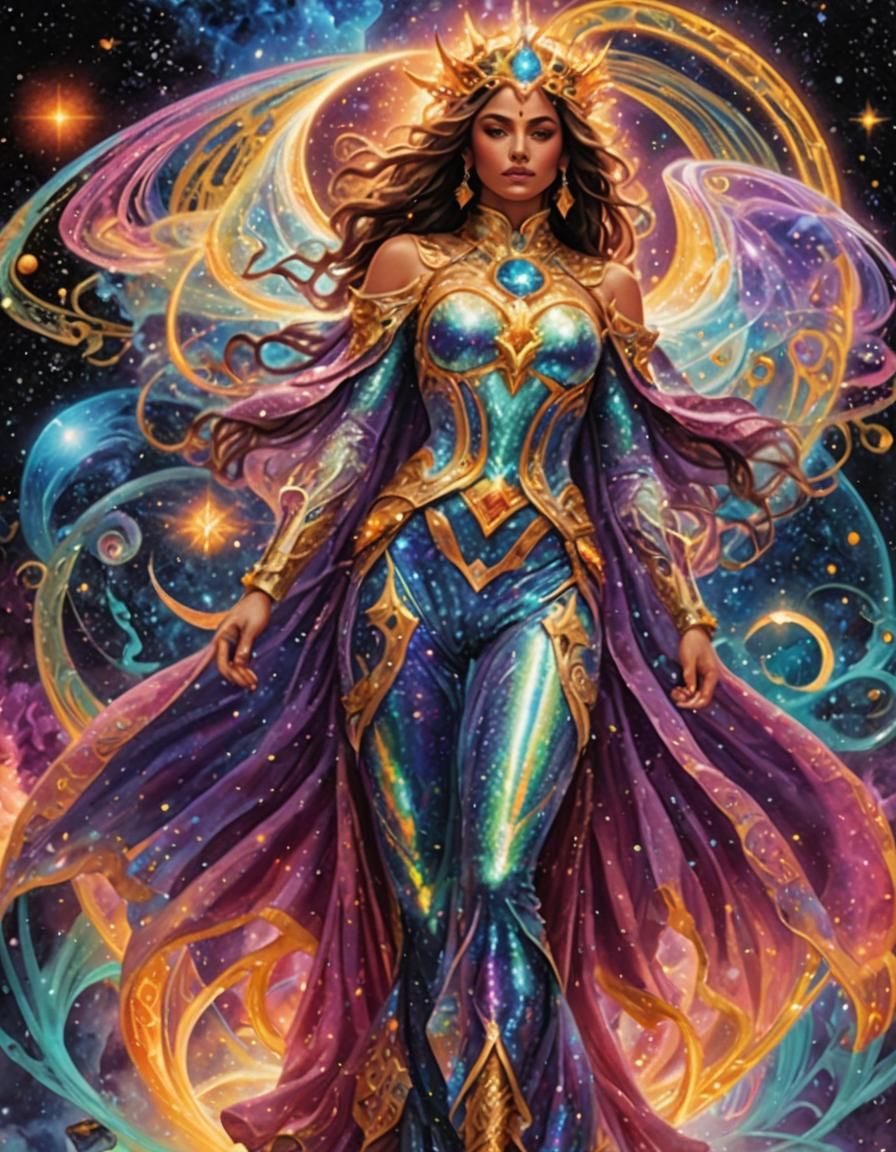 Cosmic Chimera Girl in Holographic Illustration