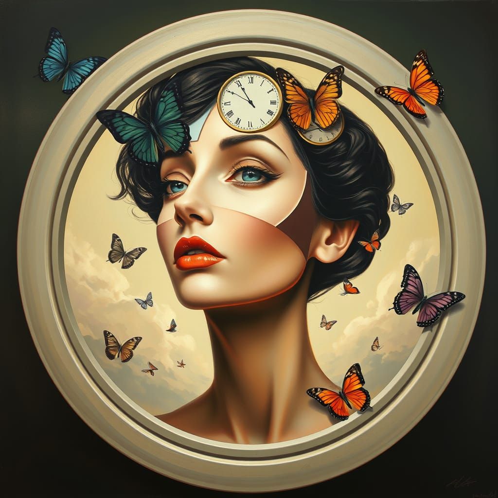 Surrealist Woman Portrait in Geometric Round Frame