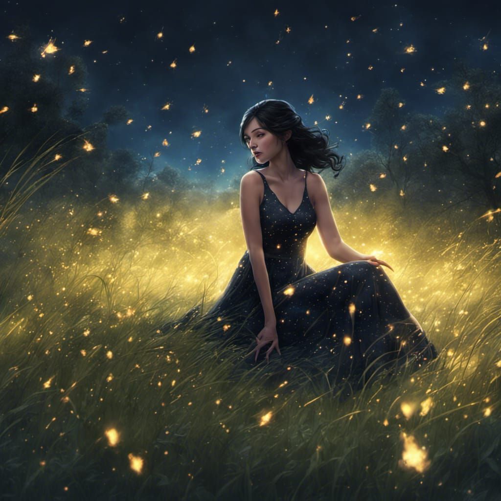 Woman in Starry Dress in Firefly Field