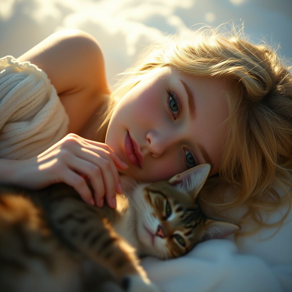 Young Woman in Golden Haze Reclines on Cloud with Feline Com...