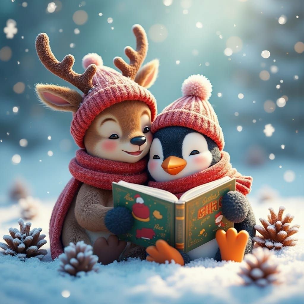 Reindeer and Penguin Reading Together in Snow
