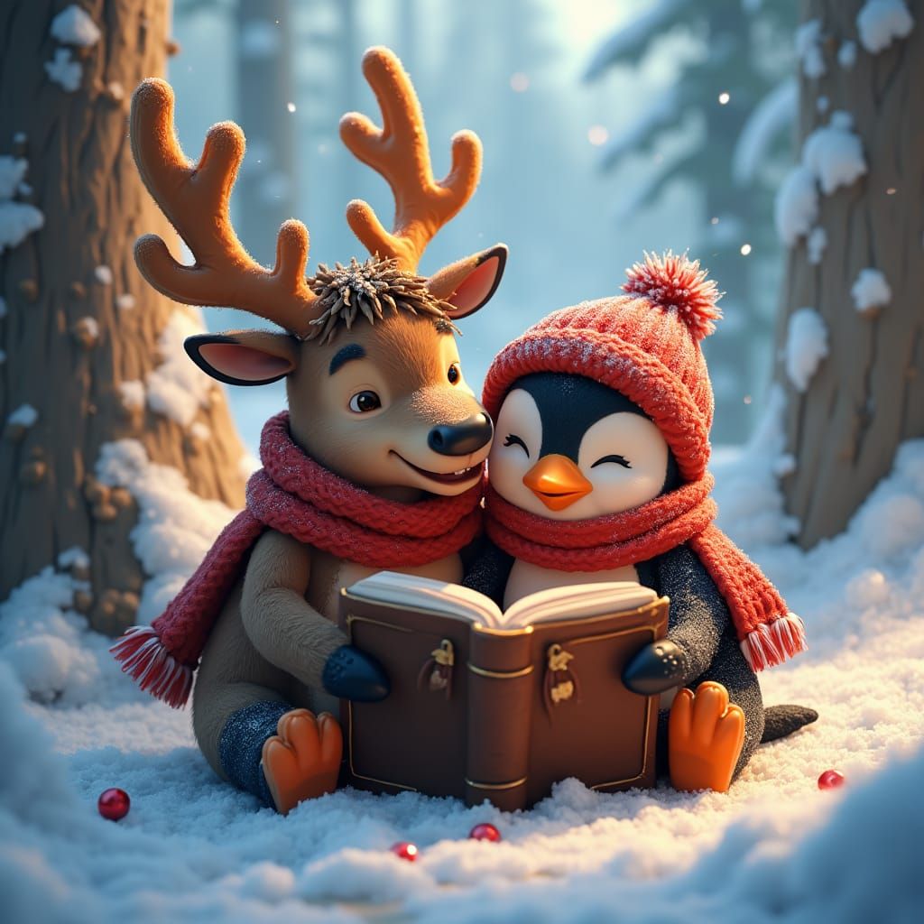 Cozy Reindeer and Penguin Share Holiday Stories