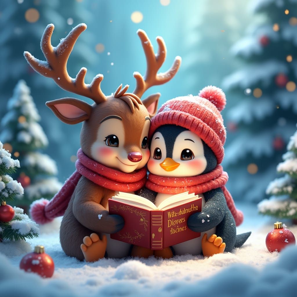 Charming Reindeer and Penguin Winter Story, in 3D