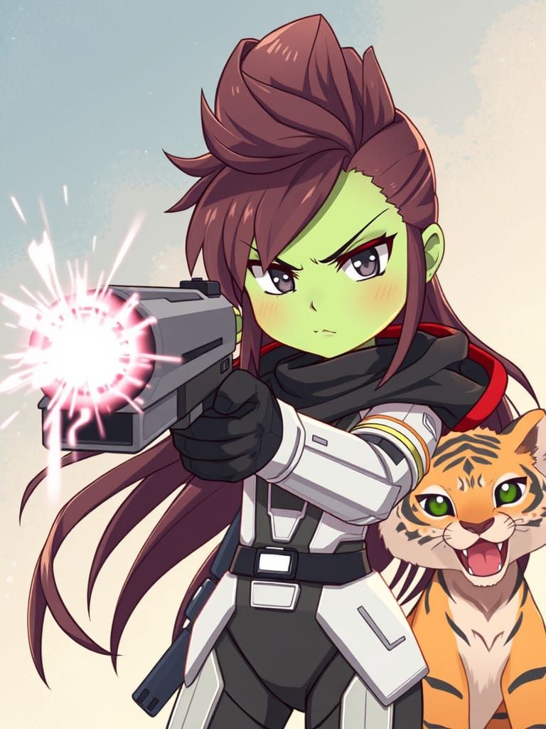 Chibi Anime Warrior Girl with Sci-Fi Gun and Tiger