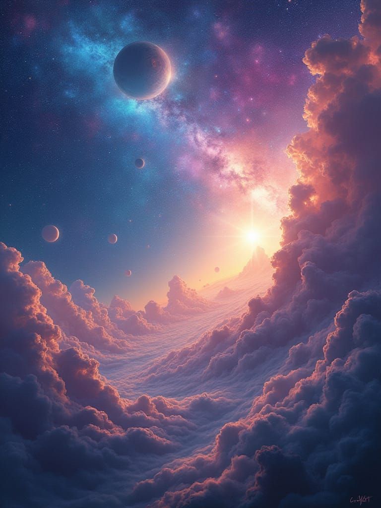 Vibrant Cosmic Galaxy with Majestic Planets and Swirling Sta...