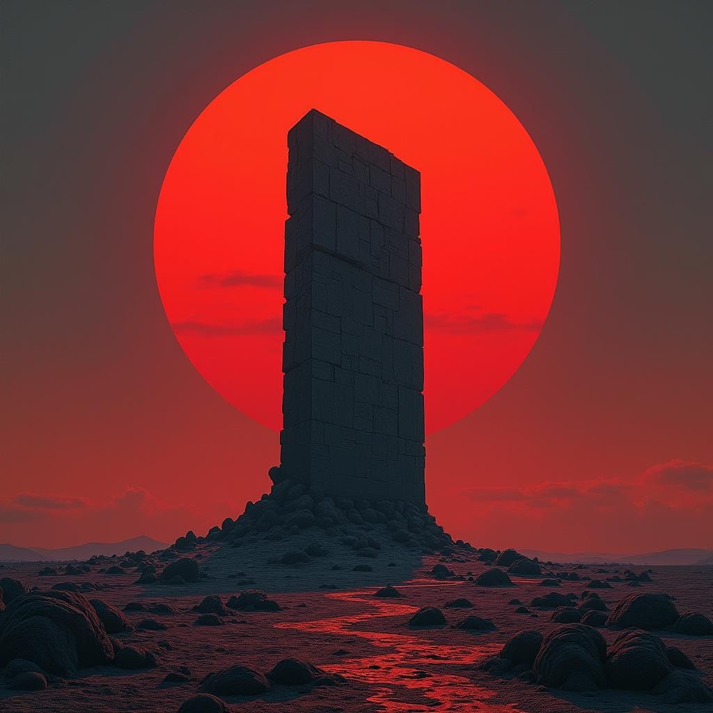 Monolithic Sentinel at Sunset: Fantasy Landscape
