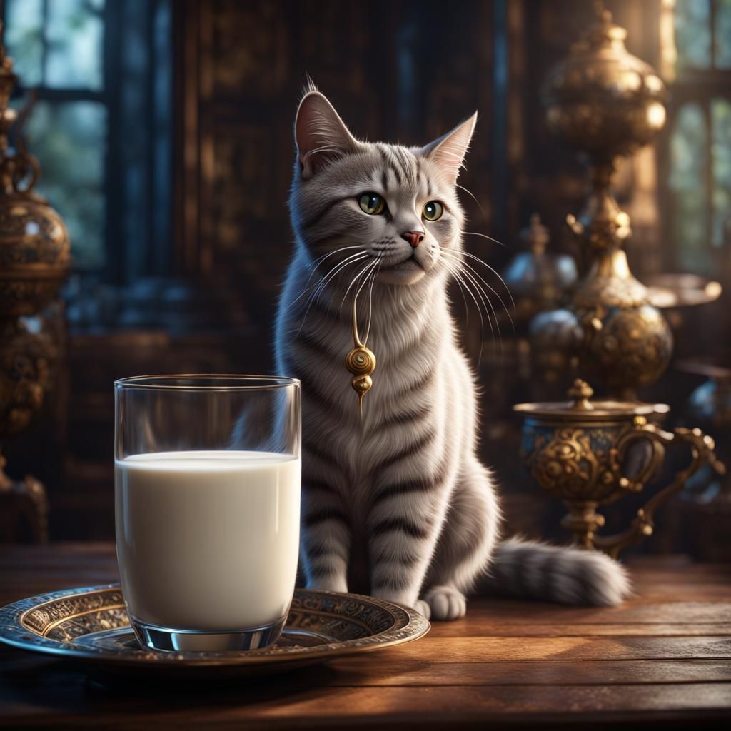 Cat Enjoying Milk: Detailed Matte Painting