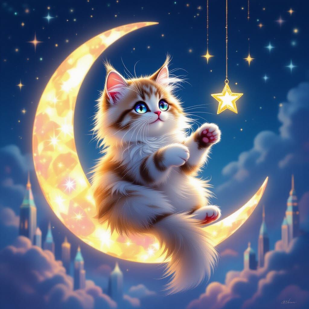 Fluffy Cat on Moon Batting Star Over Crystal City