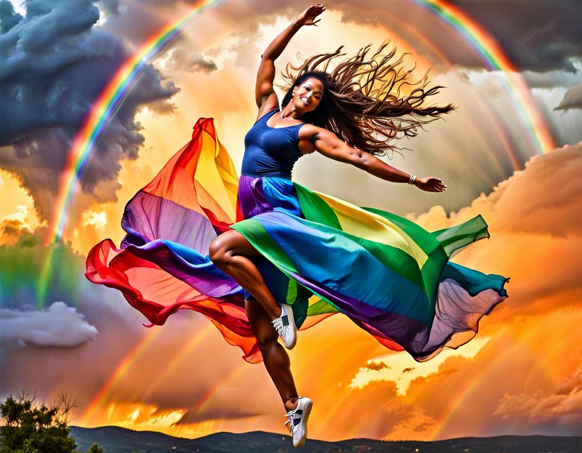 Curvy Woman Dances with Rainbows in Storm