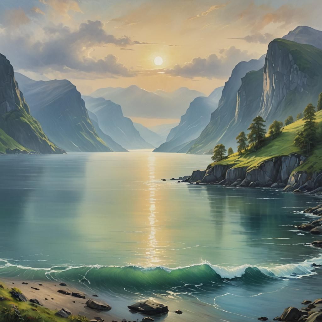 Norwegian Fjords at Sunset: Impressionist Oil Painting