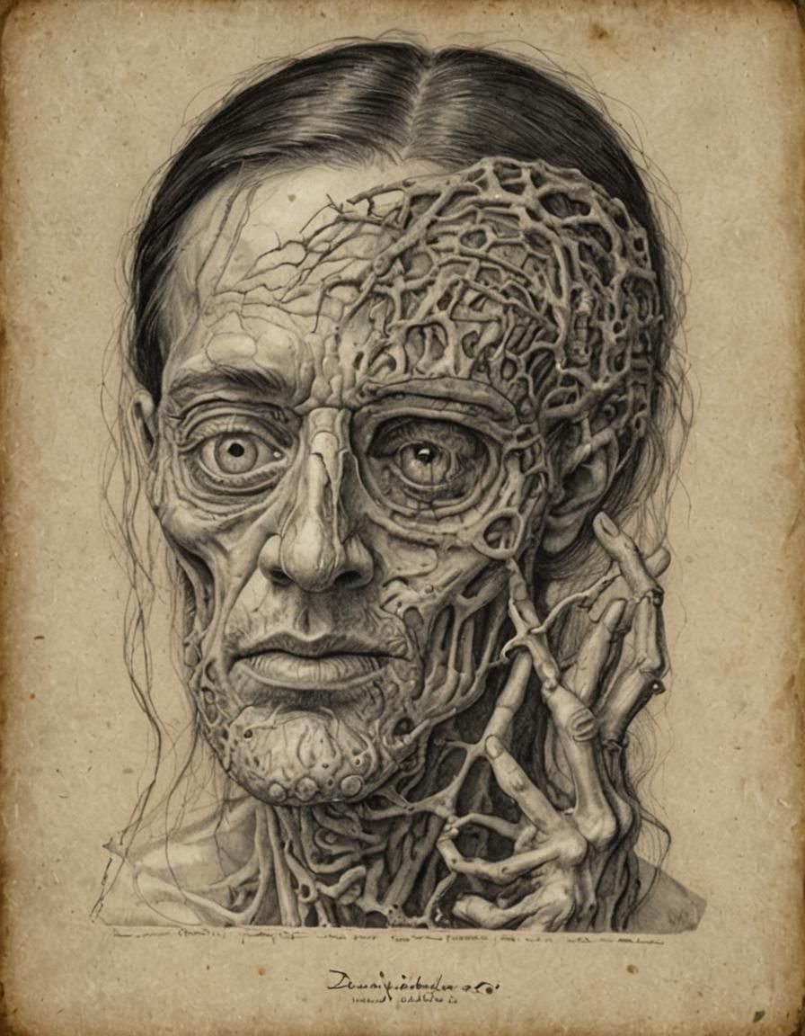 Surreal Melting Face with Nail, Macabre Art