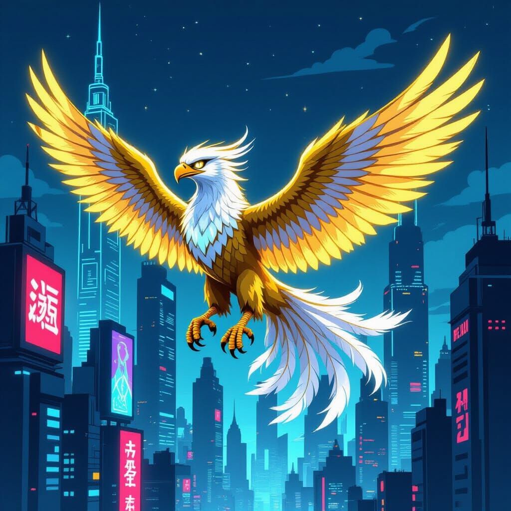 Griffin Soaring Through Cyberpunk City in Cartoon Style