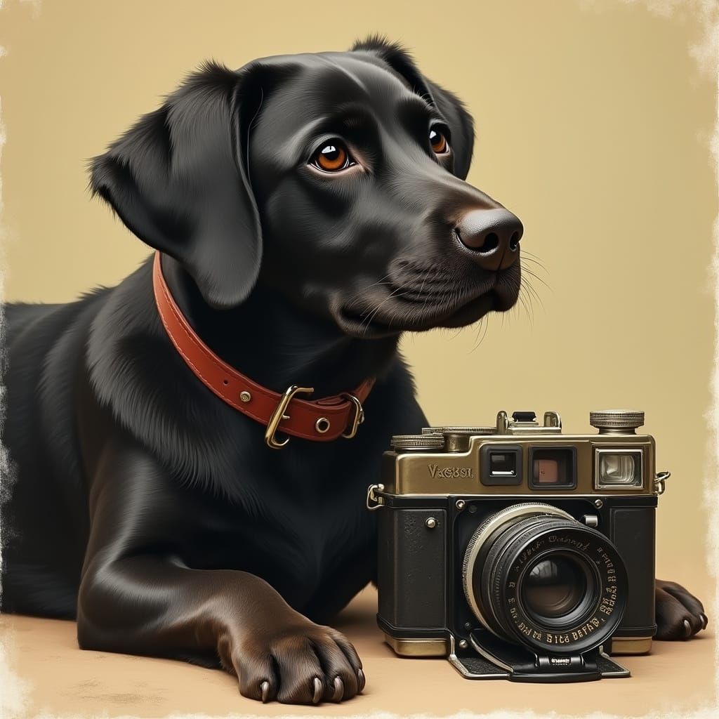 Dog and Camera in Nostalgic Art Style