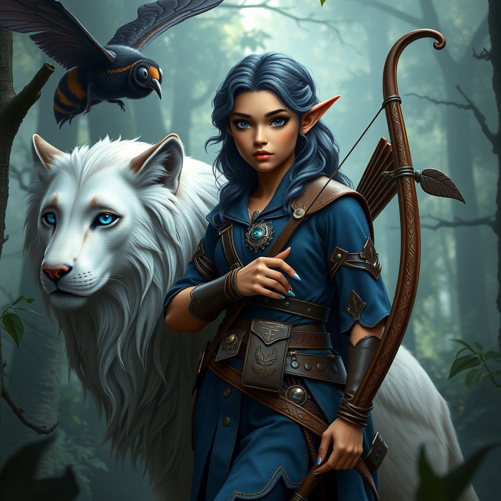 Elven Archer and Wolf in Detailed Matte Painting Style