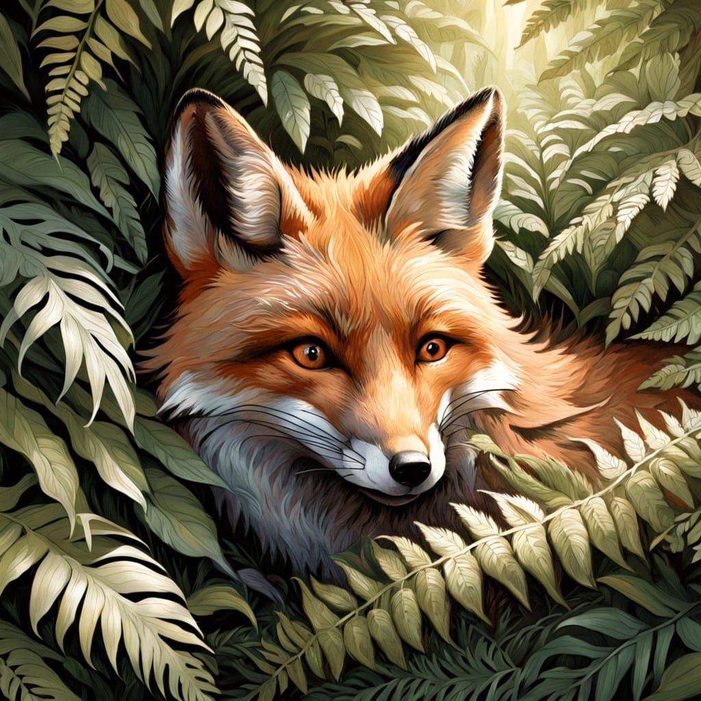 Fox Hides Among Ferns in Delicate Botanic Art